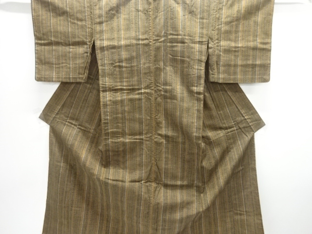 縞に幾何学模様織出し手織り紬単衣着物